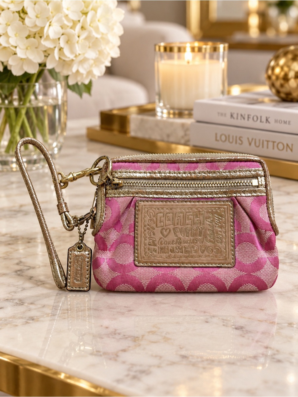 Coach Poppy Pink Optic C Signature Wristlet Gold Metallic Y2K